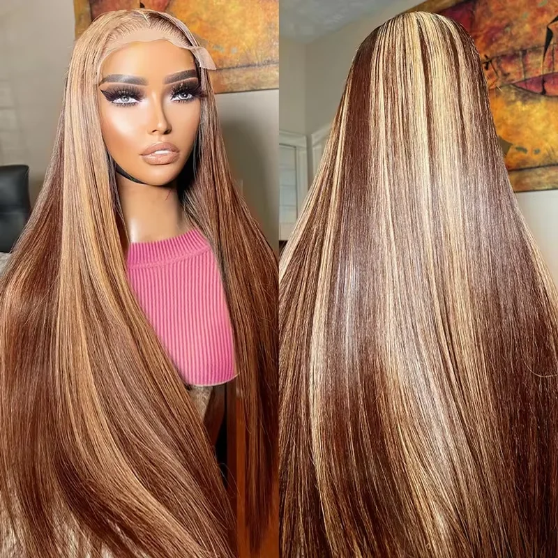 4/27 Straight HD Transparent Ombre Bone Lace Front Wig 30 32Inch Highlight 13x6 Human Hair Lace Frotnal Wig 250% For Women