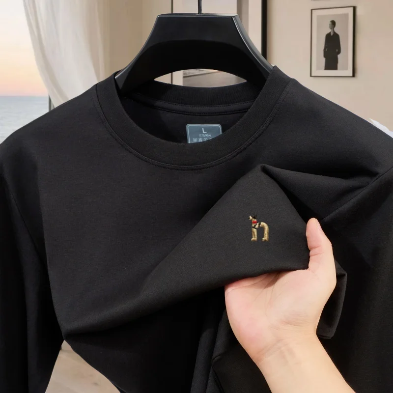 

Высококачественная брендовая осенняя новая удобная мужская футболка с круглым вырезом, высококачественная изысканная вышивка маленькой собачки, повседневная с длинными рукавами