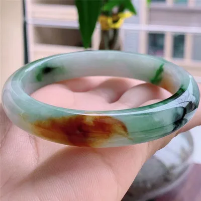 Natural Burmese Light Green Tricolor Jadeite 54mm-64mm Bracelet Elegant Princess Jewelry for Mom and Girlfriend