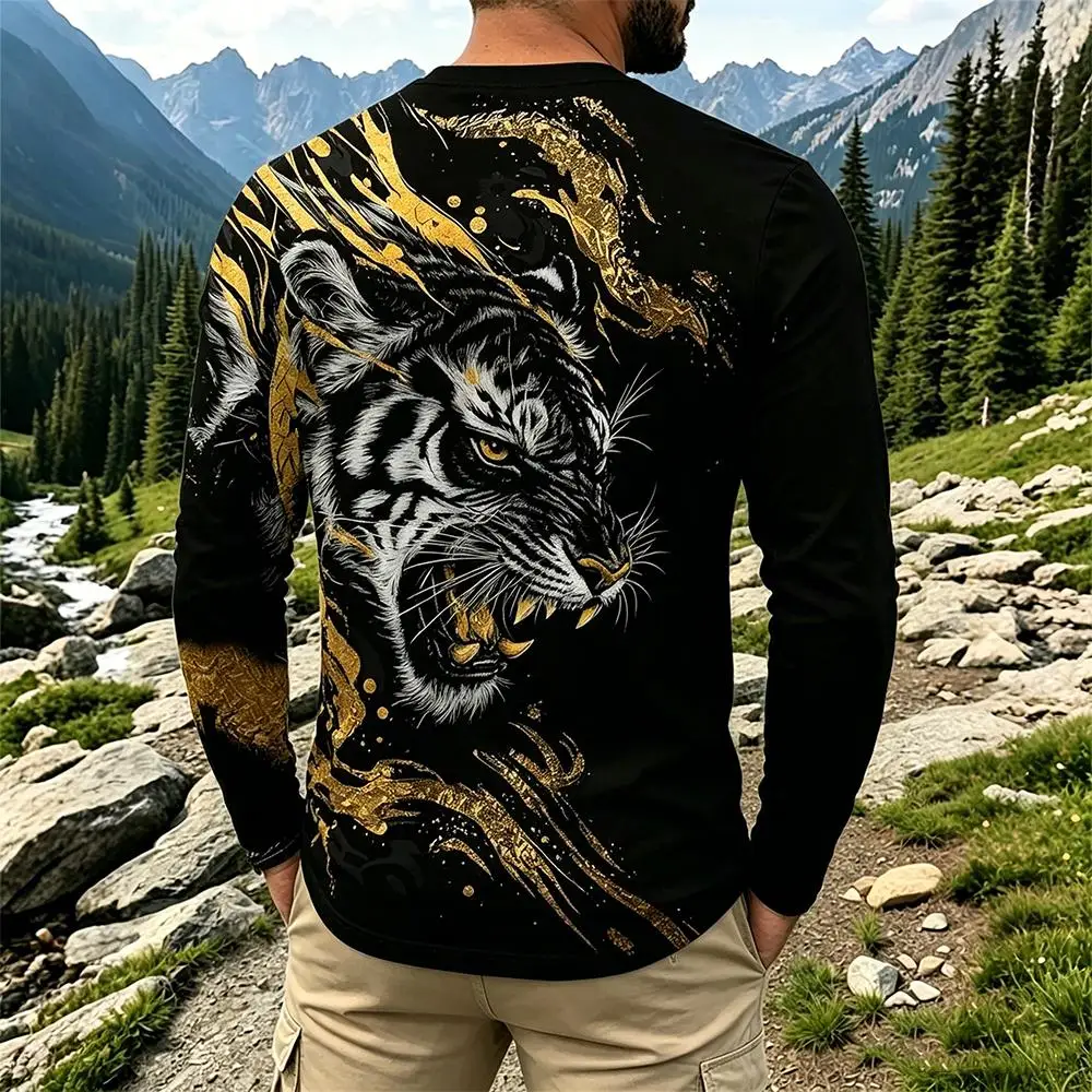 Gold Fierce Tiger 3D Print Long Sleeve T-Shirt Streetwear O-Neck Casual Base Layer Shirt Men Hip Hop Fashion Animal Graphic Tee