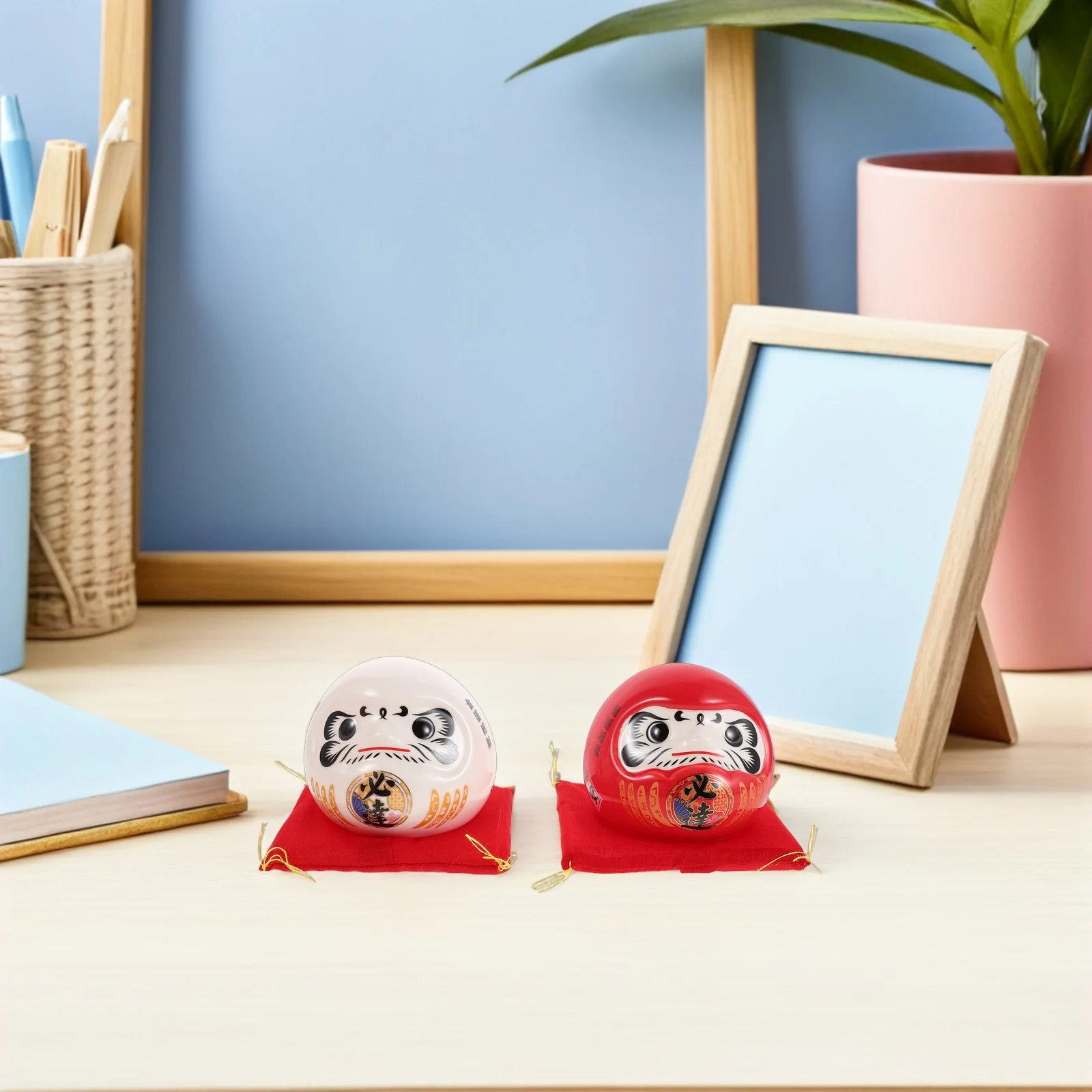 

2Pcs Ceramic Daruma Money Bank Porcelain Mini Zen Desktop Ornament Wealth Luck Symbol Savings Pot Ceramic Ornaments