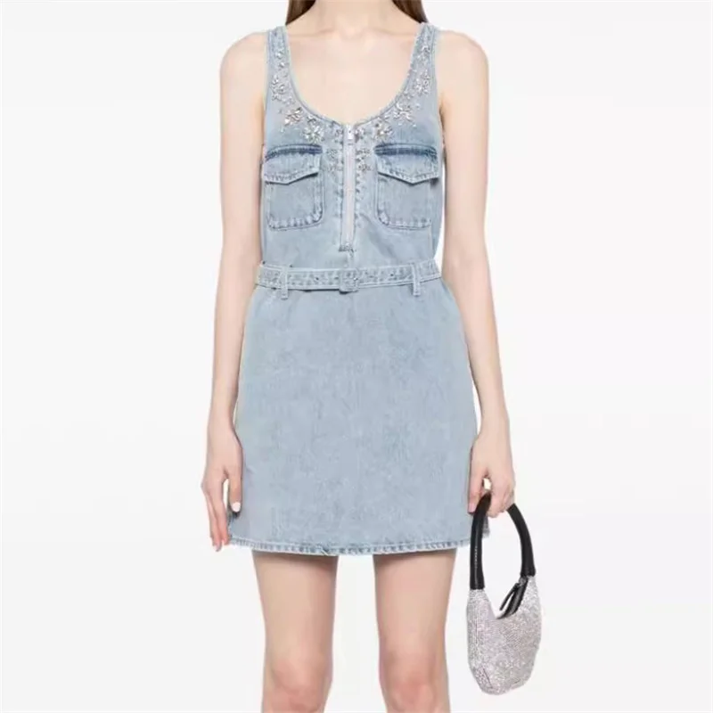 

Women's dress 2024 Autumn New fashion Rhinestone Decorative Sleeveless Mini Dress Belt slim fit cotton Short dresses denim skirt