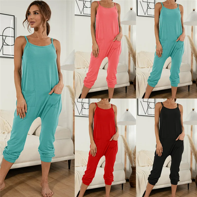 Fashion Women Summer Solid Color Thin Jumpsuits for Streetwear Pockets Decor Sling Sleeveless Backless Casual Loose Jumpsuits