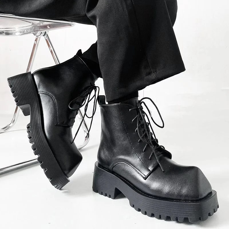 Short Boots For Men Women British Style Thick-Soled High-Top Leather Shoe Trendy Square-Toe Black Rhino Horn Mid-Top Motorcycle