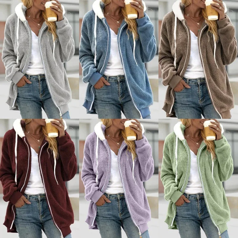 

Women'S Winter Jacket Outerwears Women'S Big Size Casual Color Block Plush Sweatshirt Zipper Hoodie Loose Chaquetas De Mujer