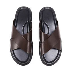 New Elegant Men's Pure Leather Non-slip Slippers Top Grade Cowhide Vamp Soft Comfortable Breathable Mens Daily Sandals Shoes