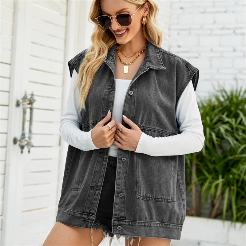 Fashion Lapel Hooded Sleeveless Pocket Denim Vest Women\'s Single-breasted Cardigan Waistcoat Streetwear Female Casual Outerwear