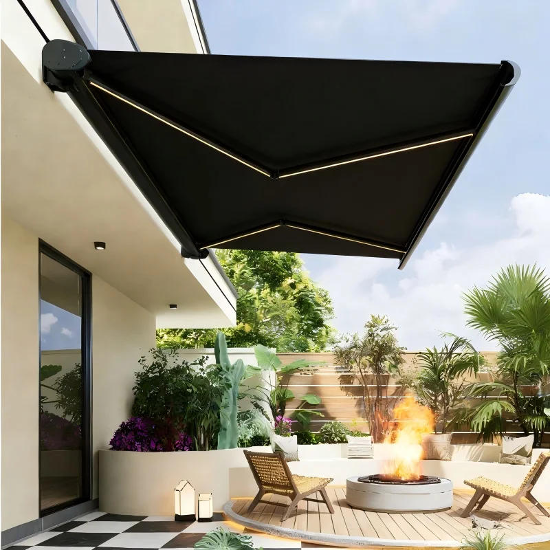 Factory Made Wall Mounted Sunshade Outdoor Intelligent Remote Controlled Rainproof Canopy Extendable Full Cassette Awning