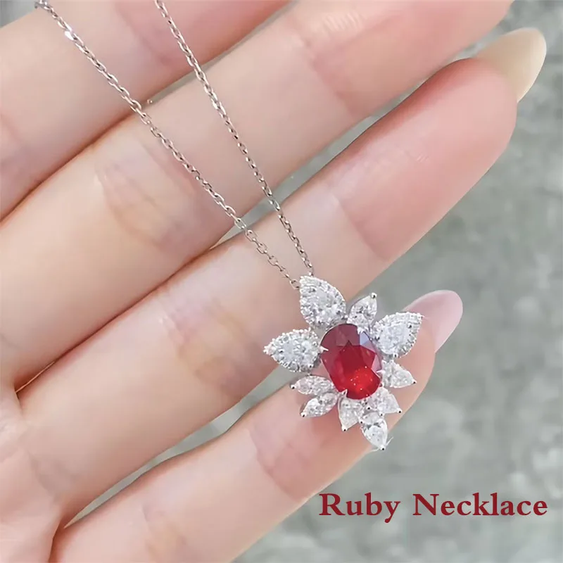 Solid 14k White Gold&Platinum&925 Silver Lab Grown Ruby Diamond Jewelry Set (Necklace Ruby 1ct Earrings Ruby 1ctw Ring Ruby 1ct)