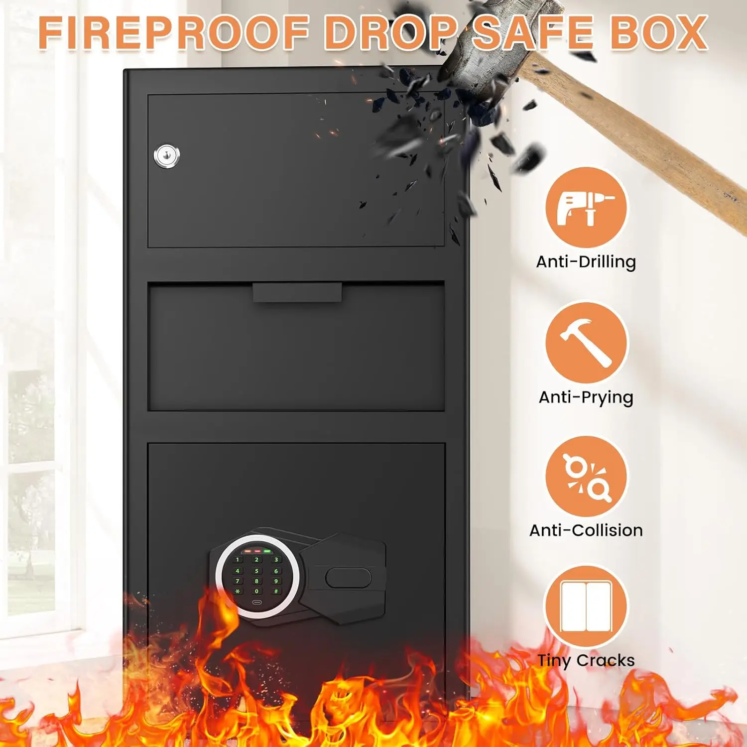 6.1 Cu ft Large Fireproof Drop Safe with Drop Slot, Anti-Theft Drop Safe for Business with Digital Backlit Keypad and Spare Key,