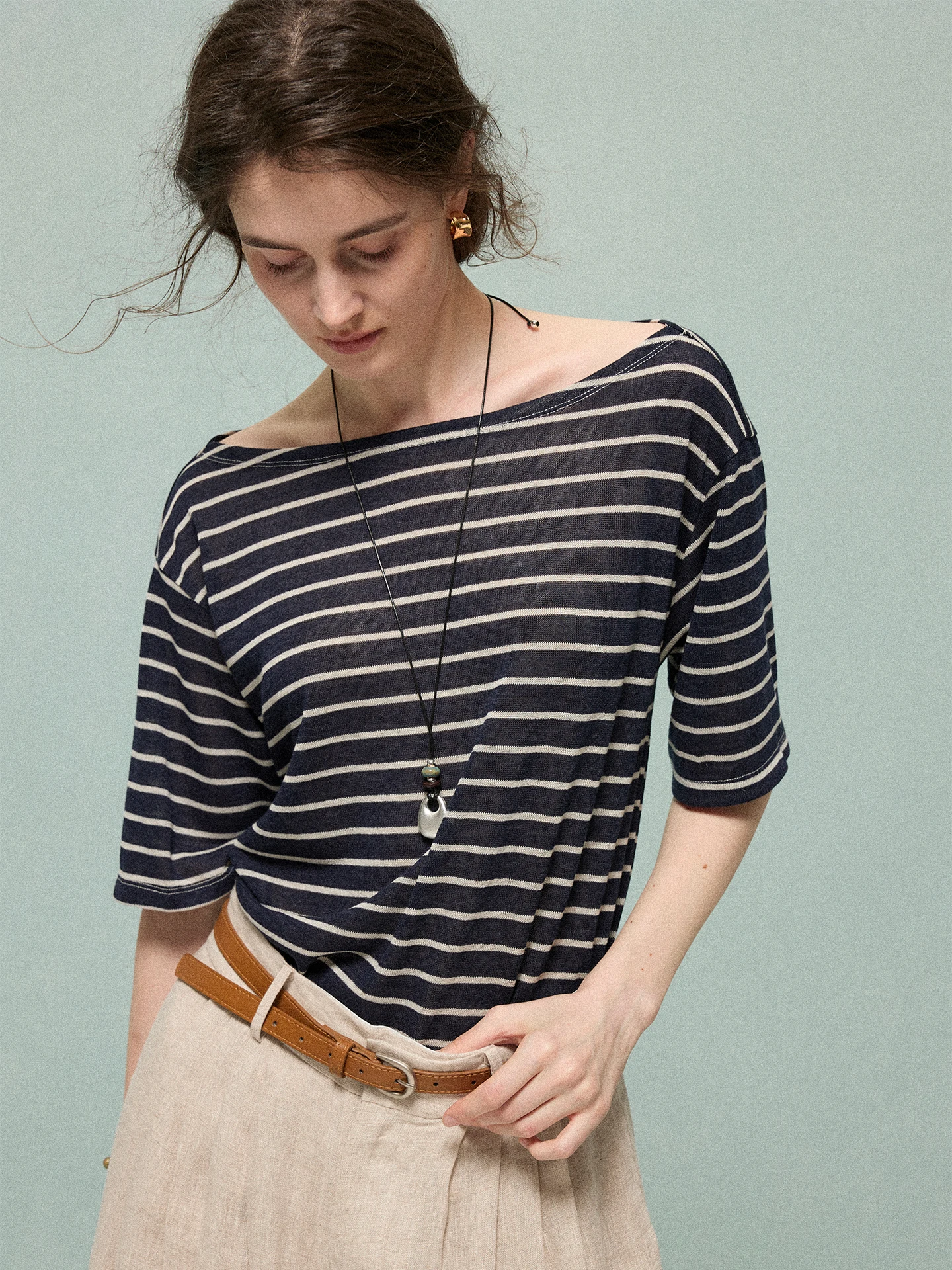 Moofeel Silk Linen Stripe Short Sleeve T-Shirt Summer Thin One-Shoulder Two-Way Wear Drapey Versatile Top Women's Fashion