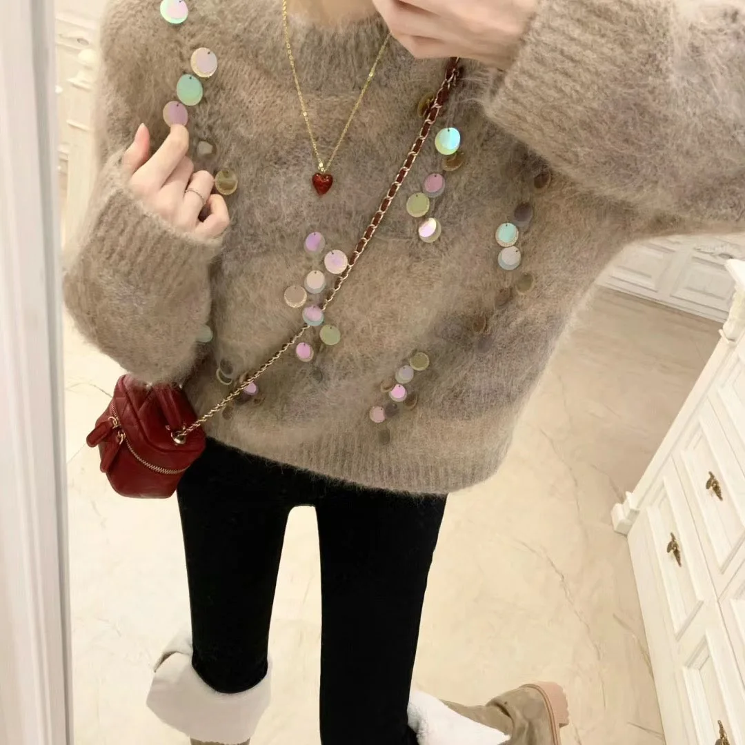 2024 Fashion Autumn Winter Soft Mohair Knitting Loose Pullovers New Sweet Women O Neck Sequins Hollow Out Thick Sweaters Jumper