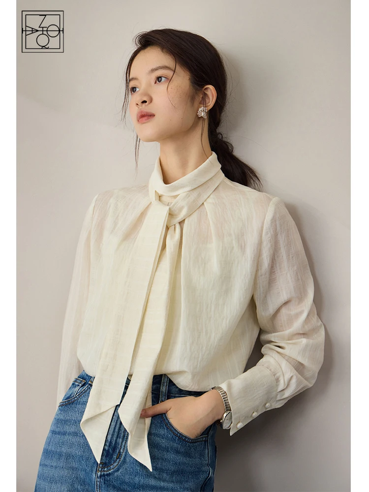 ZIQIAO French Style Streamer Lace-up Shirt for Women Design Sense 2023 Autumn New Half-high Collar Texture Top Shirt for Female