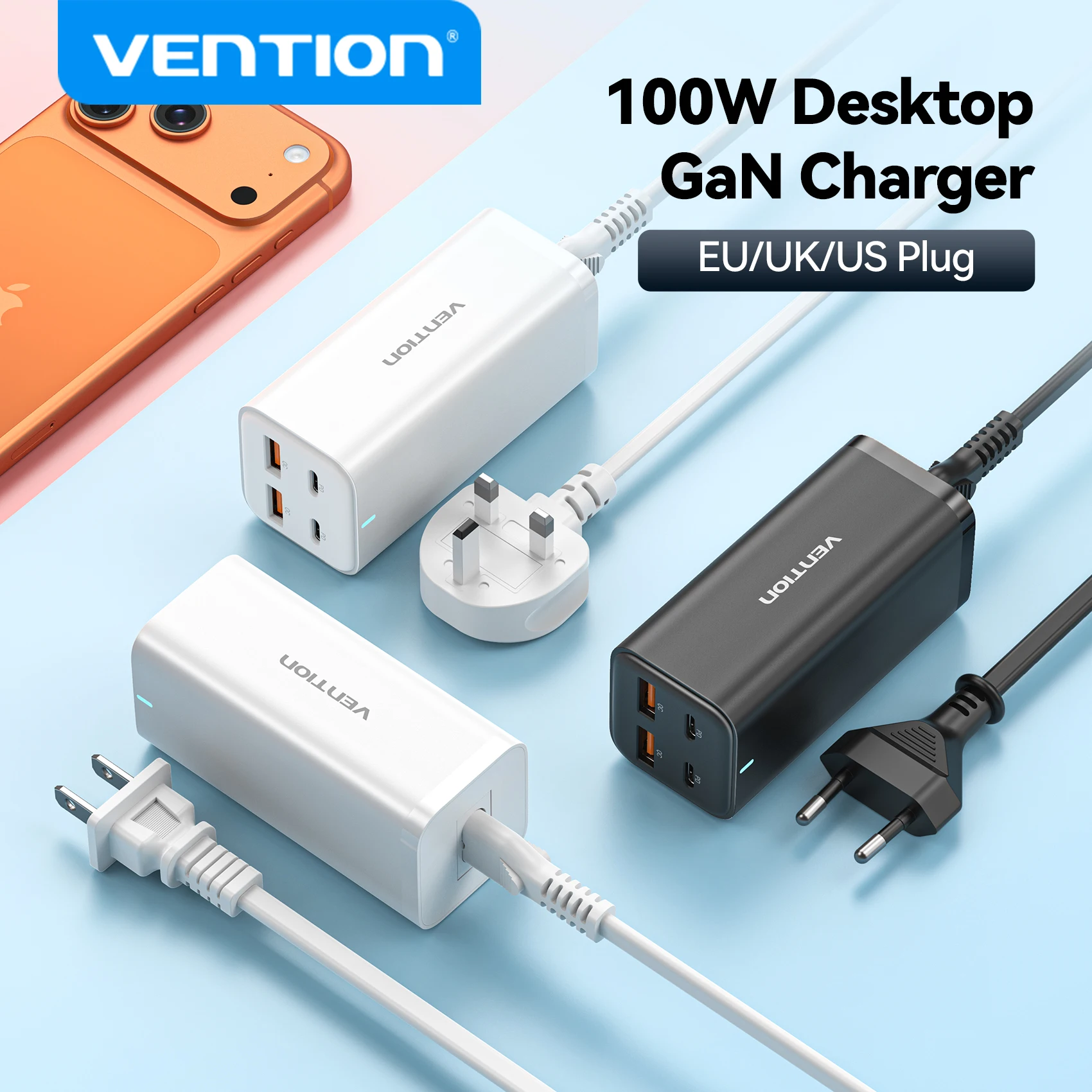 

Настольное зарядное устройство Vention 100 Вт, быстрое зарядное устройство GaN для ноутбуков, адаптер PD для iPhone 16, 15, 14 Pro Max, Xiaomi, Samsung, Macbook, зарядное устройство для телефона