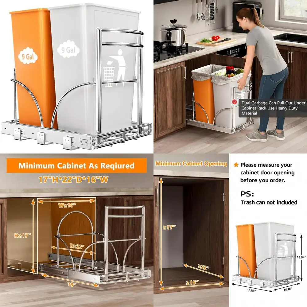 

Double 7-9 Gallon Pull Out Trash Can Rack Under Cabinet, Fits 35 Qt*2, Sink Organizer
