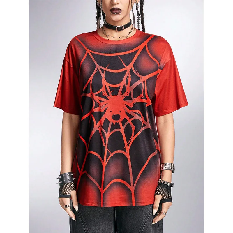 Summer 3D Printed Women\'s Tshirt Grunge Punk Spider Printed Ombre Loose Round Neck Short Sleeve T-Shirt Casual Streetwear TShirt