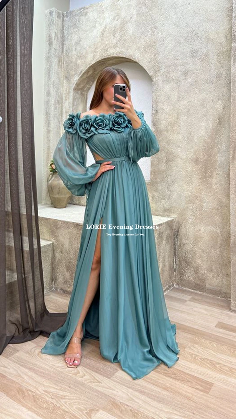 LORIE Sexy Leg Slit Evening Dresses Flowers Puff Sleeves Belt Pleat Vestidos De Noche Organza Gala Party Dresses Robes De Soirée