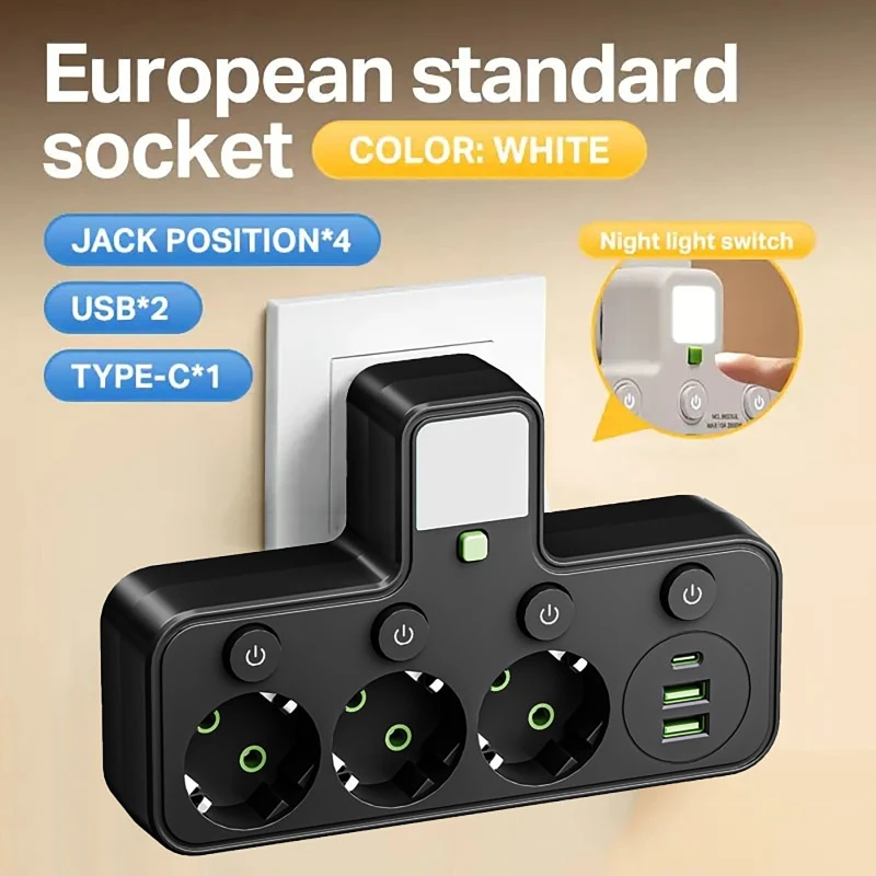 EU Multi-functional Socket with Switch USB Fast Charging Independent Control Multi-port Power Strip Overload Protection Socket