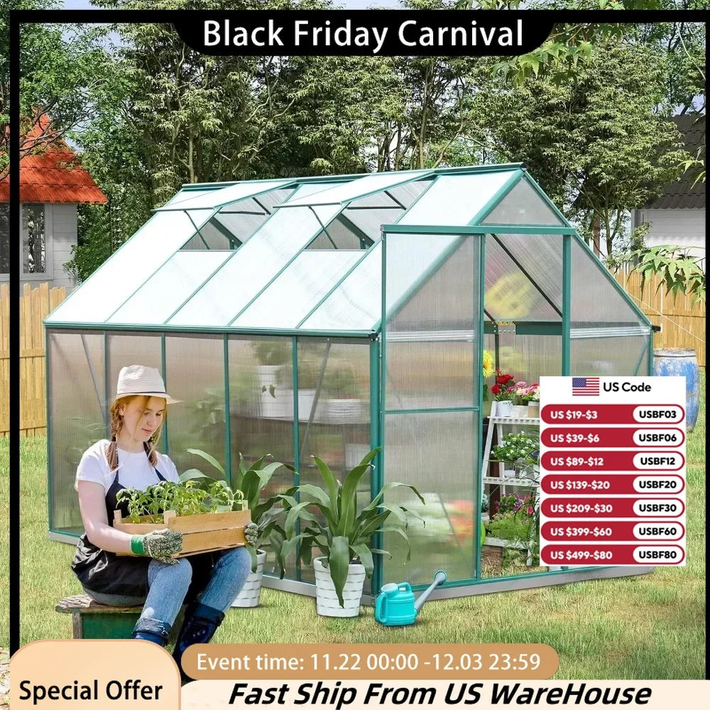 

Polycarbonate Greenhouse Kit, 10x6 Ft Heavy Duty Outdoors Durable Green House with Double Vent Window Lockable Door