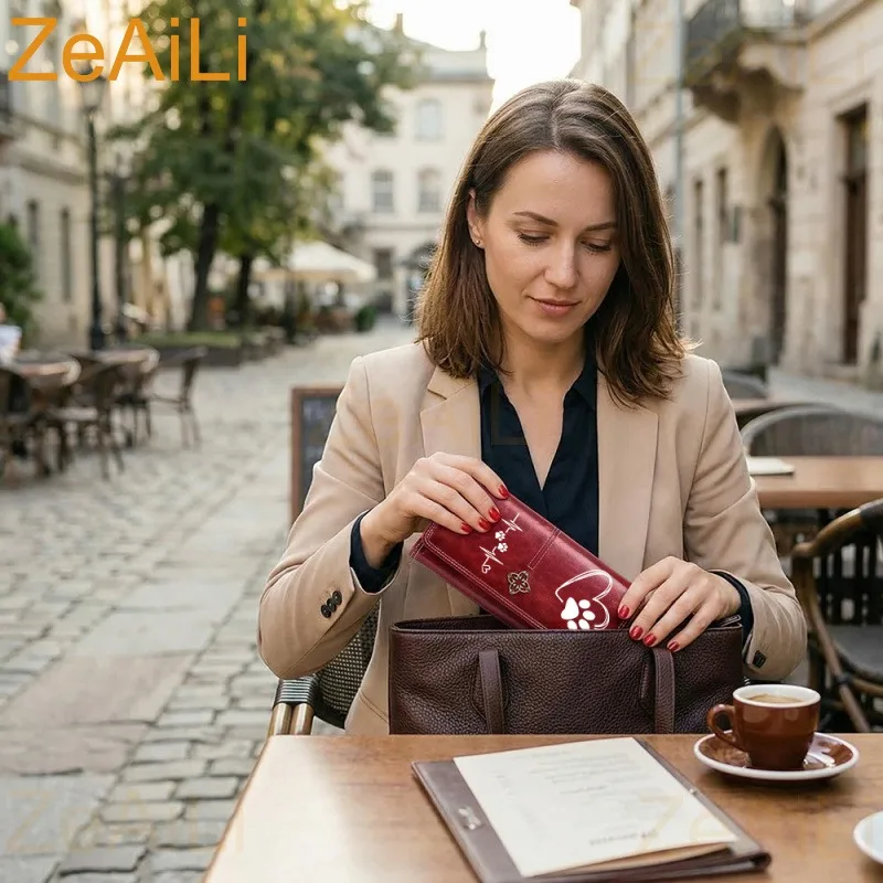 Heart-Shaped Paw Print Leather Women's Wallet Luxury Long Purses Women Cards Holder Wallets with Zip Coin Pocket Ladies Handbags