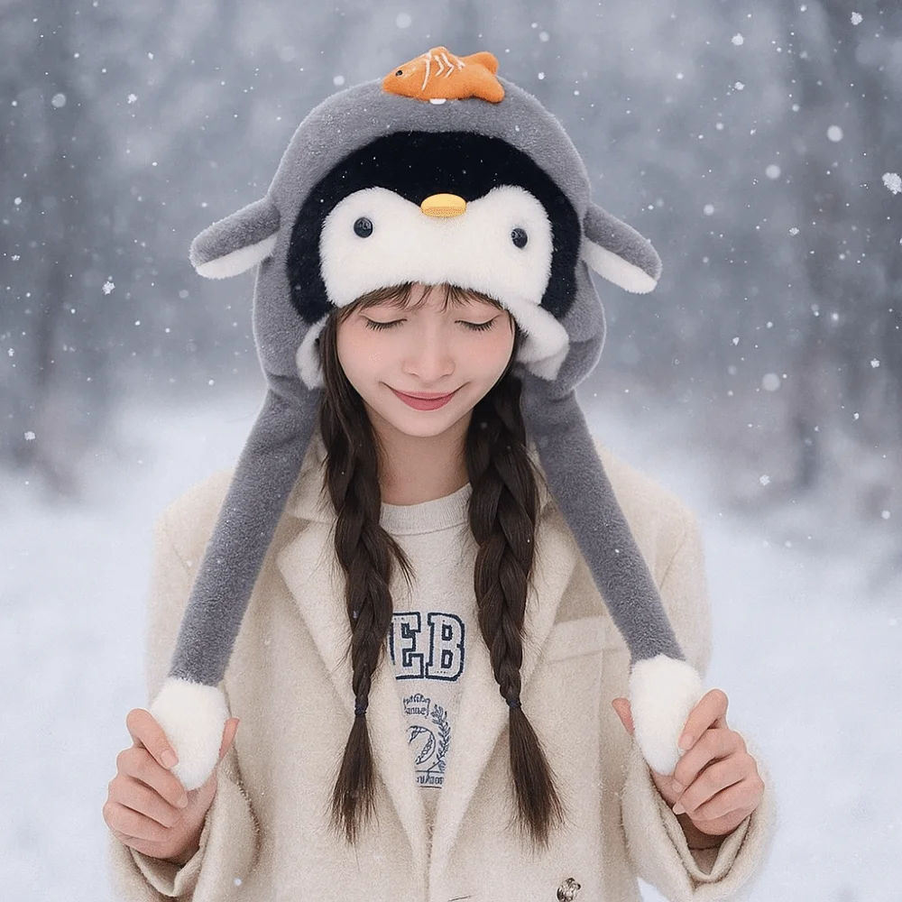 

Милая мультяшная подвижная шапка с ушками пингвина, ветрозащитная утолщенная пушистая шапка-пуловер, кавайная однотонная теплая шапка Lei Feng, осень/зима