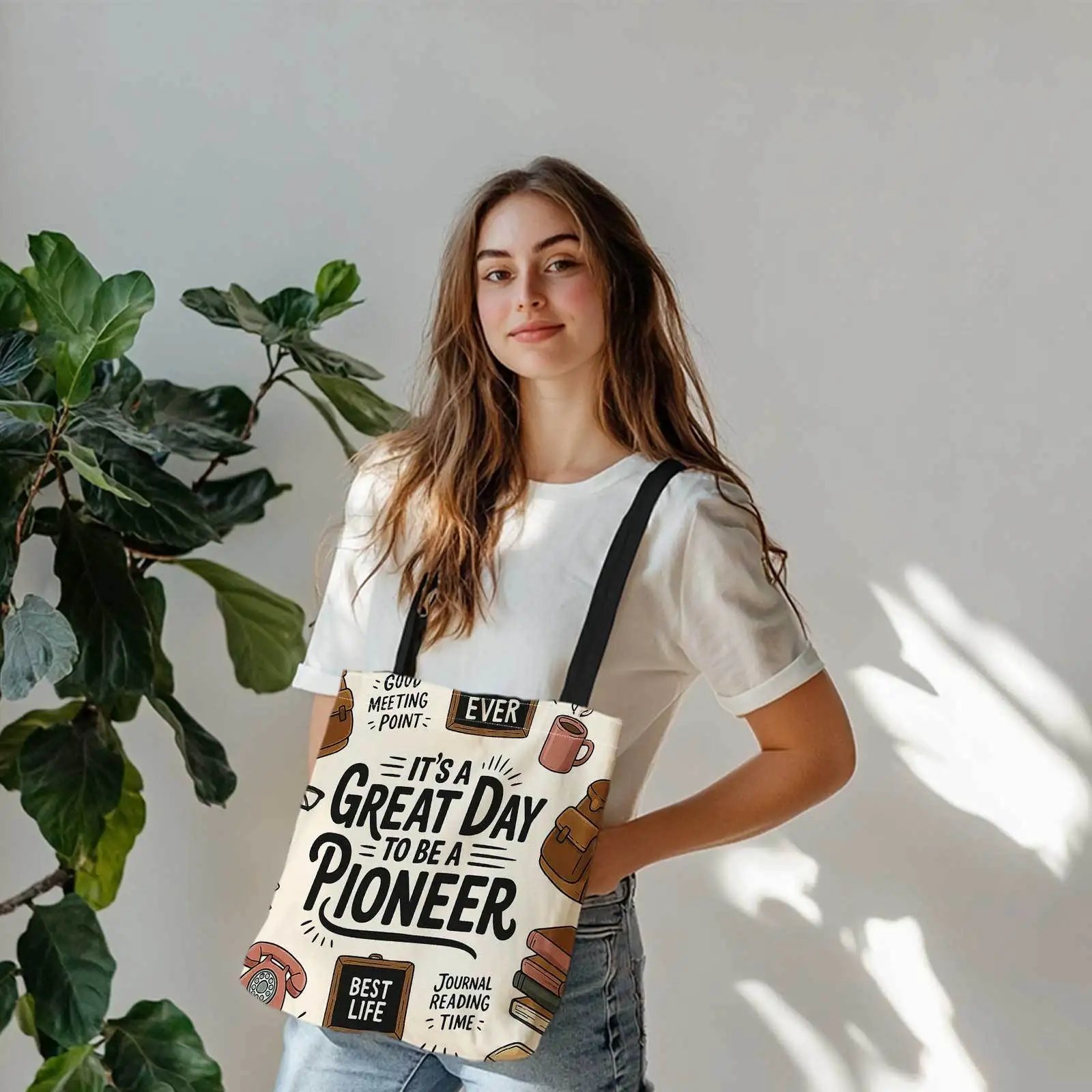 A Shopping Tote Bag with Prints on Both Sides, Featuring Designs Like a Pioneer, Books, And a Retro Phone. It'S Lightweight, Fol view 6
