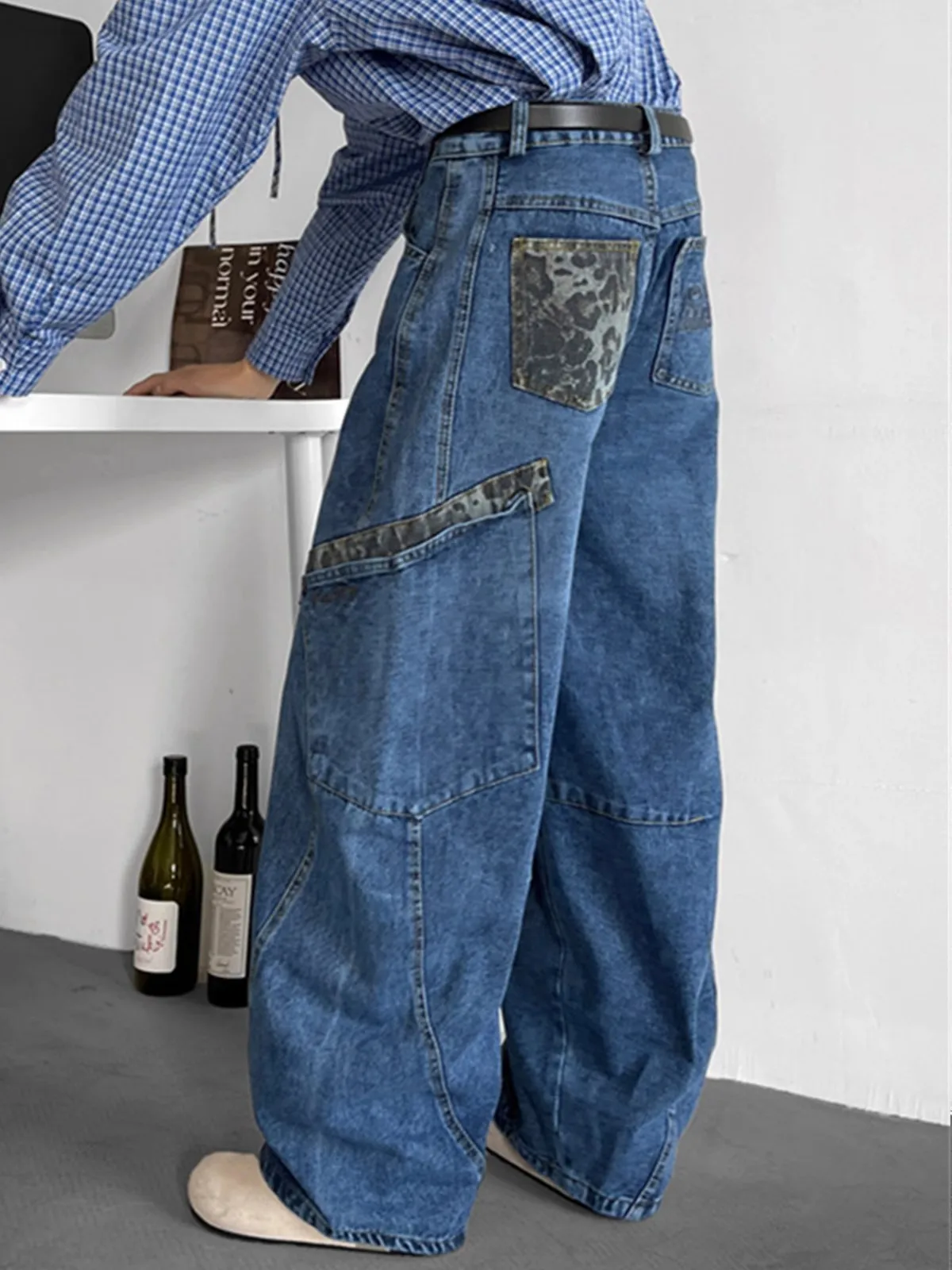 

Ретро американские джинсы с леопардовым принтом в стиле пэчворк, широкие брюки прямого кроя, молодежные повседневные модные дышащие летние джинсы