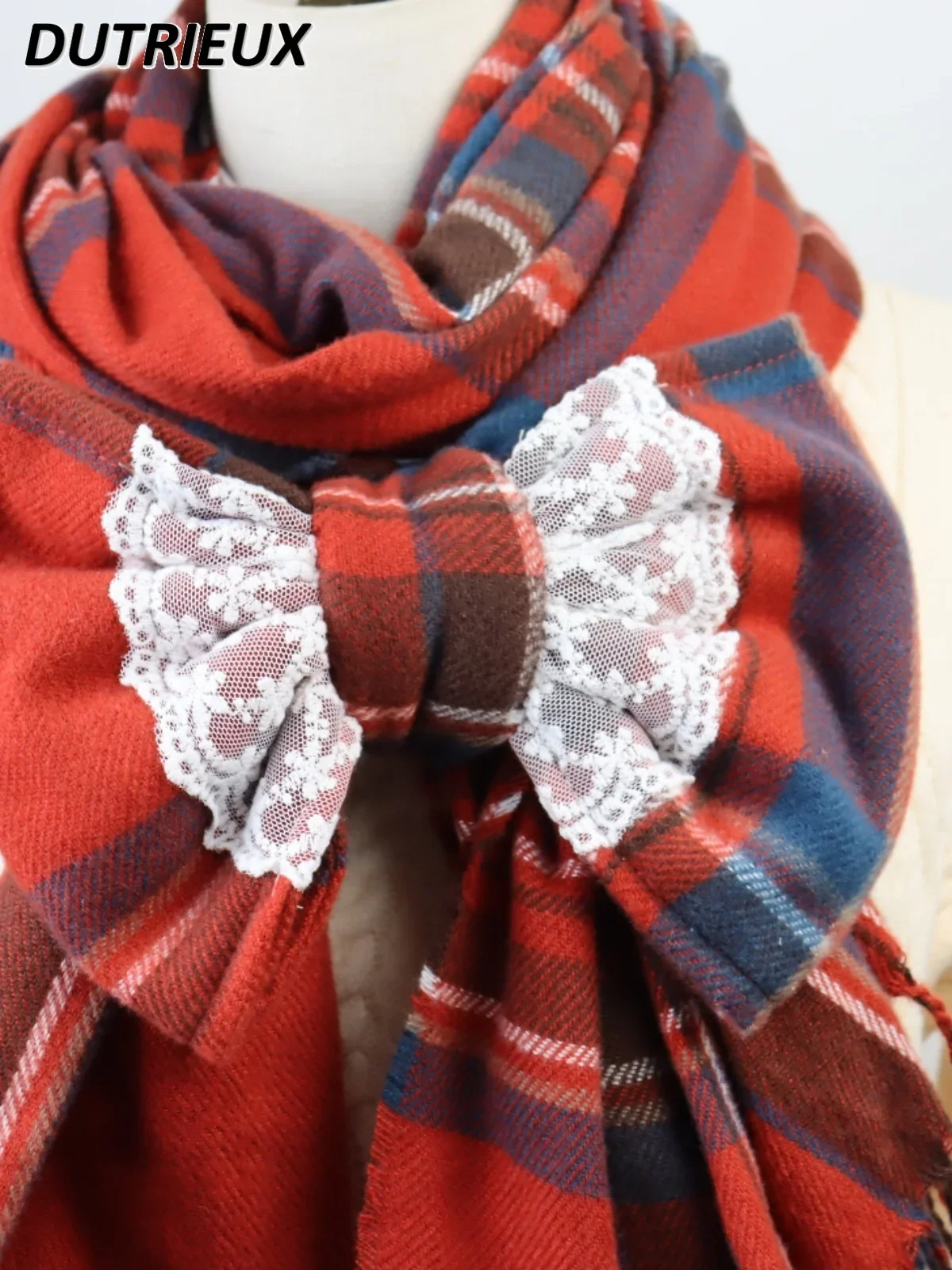 Sweet Bow Scarf Plaid Lolita Cute Girl Shawl Versatile Dual-purpose Model Red Mine Student Japanese Autumn and Winter Scarfs