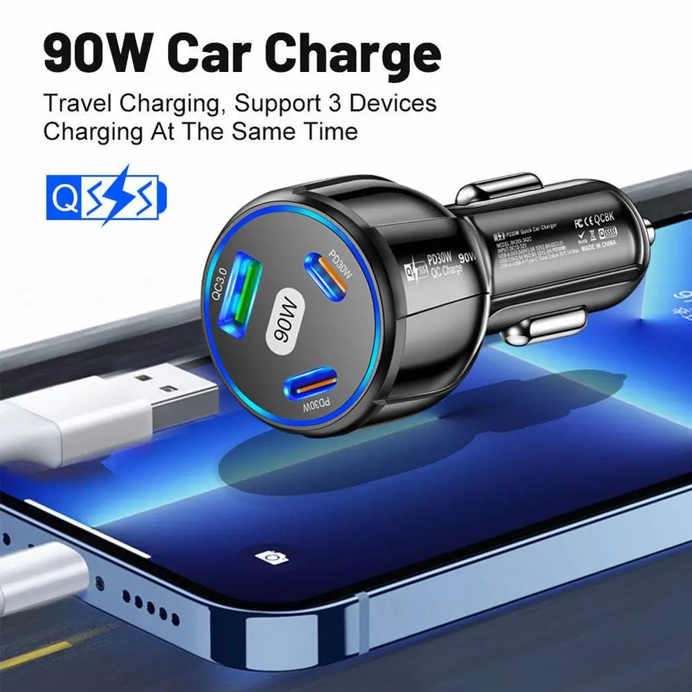 

90W Car Charger 3-in-1 Fast Charging 1USB+2PD Connection Cigarette Lighter Phone Charging Adapter High-quality Car Accessories