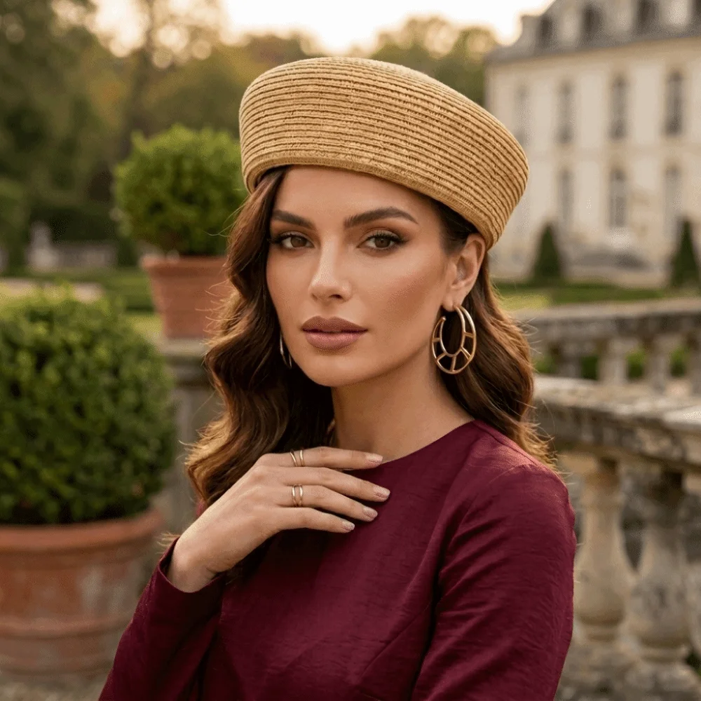 Vintage Raffia Beret Hat Woven Handwoven Pillbox Hat Breathable Brimless Flat Top Hat Elegant Styling