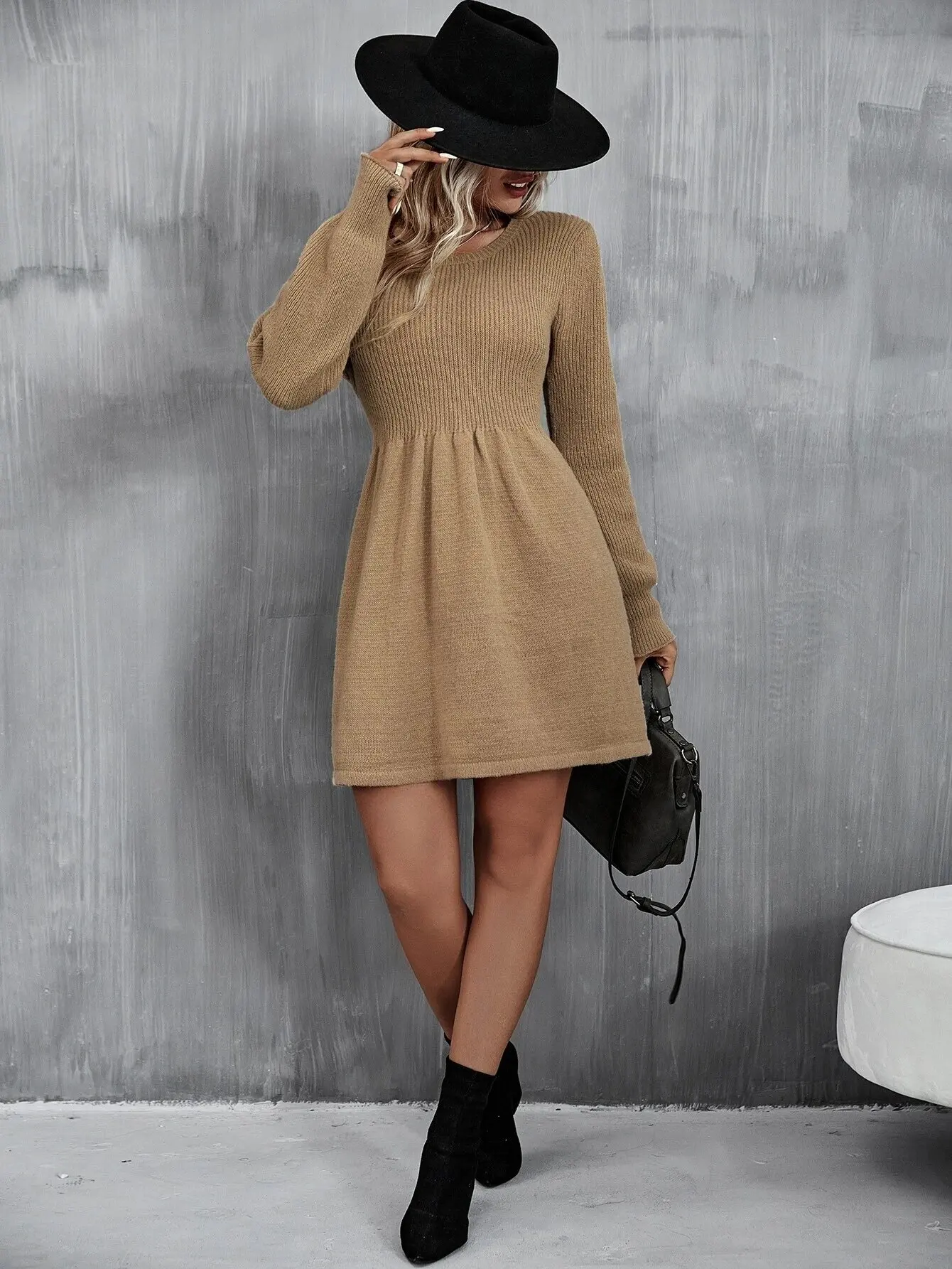 Solid Knit Sweater Dress, Elegant Long Sleeve A-Line Mini Dress, Women Clothing