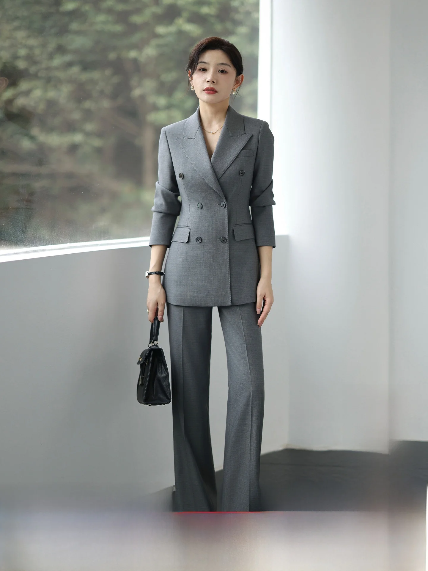 

Spring Grey Suit Set for Women Professional Business Commute Meeting Career Formal Outerwear Wool Blend Long Sleeve