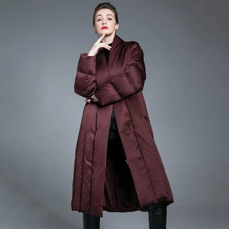 Luxury High Quality 90 White Duck Down Long Trench Coat Belted Winter Warm Women's Coat Slim Down Jacket Quilted Trend Outerwear