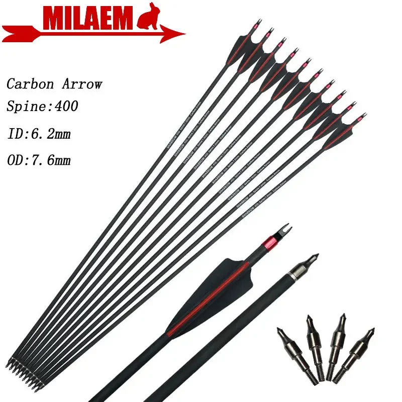 

6/12pcs Spine 400 Archery Carbon Arrow ID6.2mm OD7.6mm 3inch Rubber Vane Explosion-proof Ring Target Shooting Hunting Bow Arrow