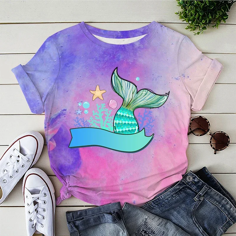 Lovely Mermaid Cartoon Graphic T Shirts Y2K Aesthetic Top Women New Summer Beach Tie-dye T-shirt Korean Fashion Tees Female