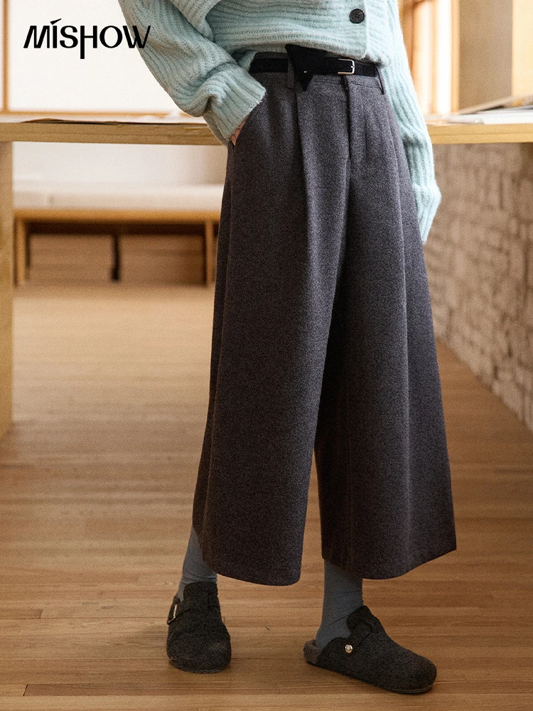 MISHOW Damesbroek 2025, mode, grijze wollen broek met wijde pijpen, hoge taille, cropped retrostijl, woon-werkbroek, warm MXE90K1128