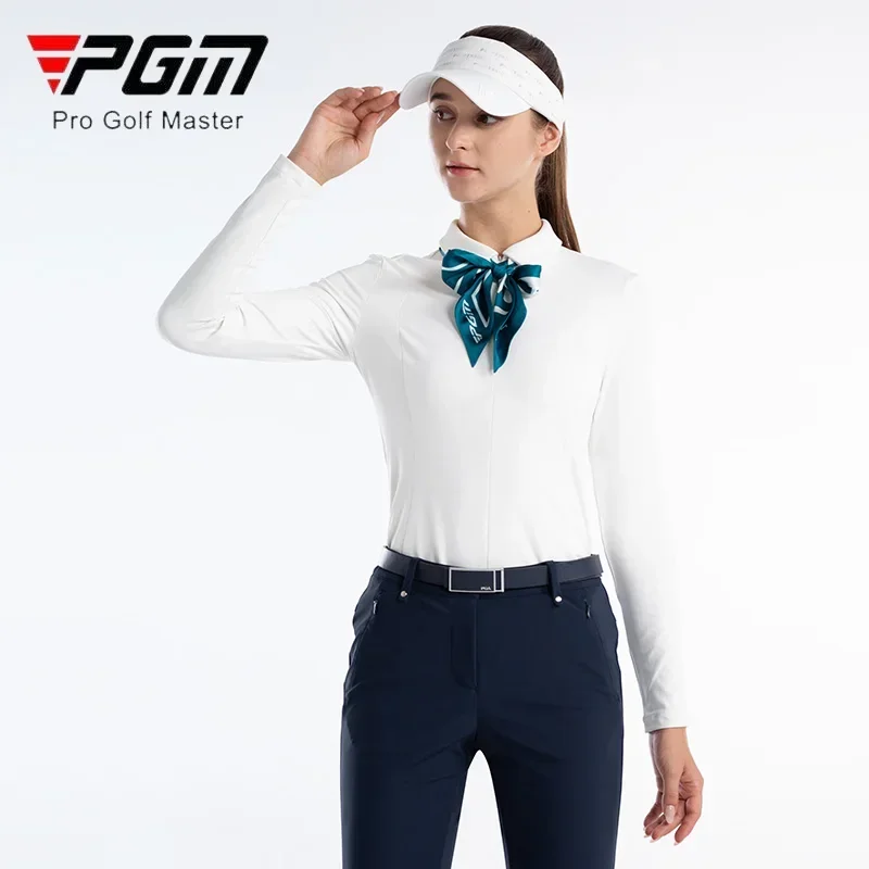 PGM Autumn Golf T-shirt Women Elastic Slim Golf Shirt with Silk Scarf Ladies Zipper Collar Soft Tops Long Sleeve Casual Wear