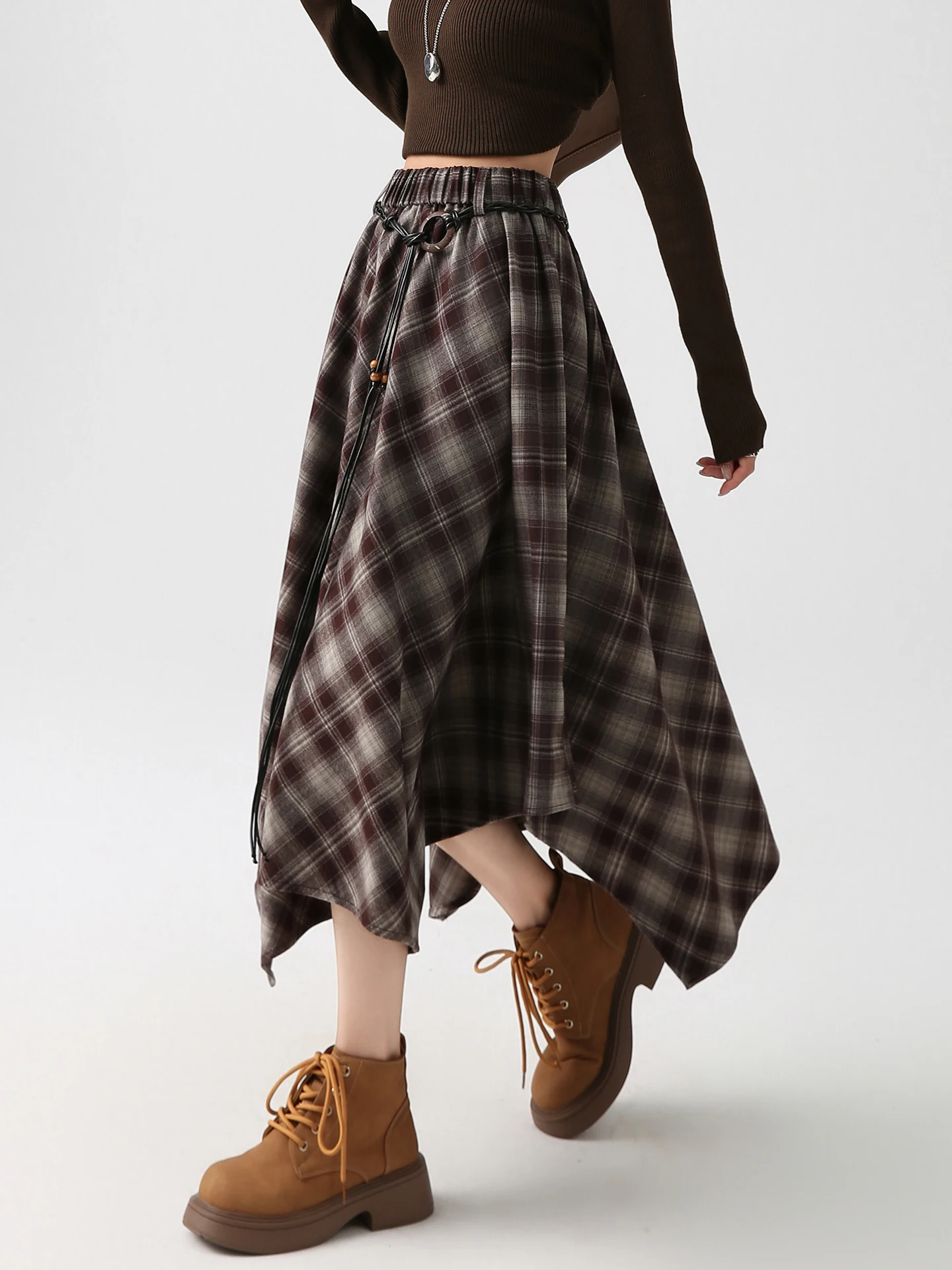 

Весенняя асимметричная юбка миди в клетку для женщин с фигурой типа «груша», с завышенной талией, приталенная, А-силуэт, в корейском стиле, для офиса