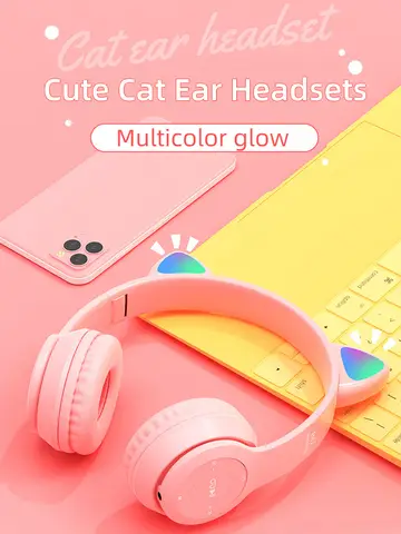 P47M Wireless Headphone Flash Light Cute Cat Ears Fone with Mic Control LED Stereo Music Helmet Phone Bluetooth Headset Gift