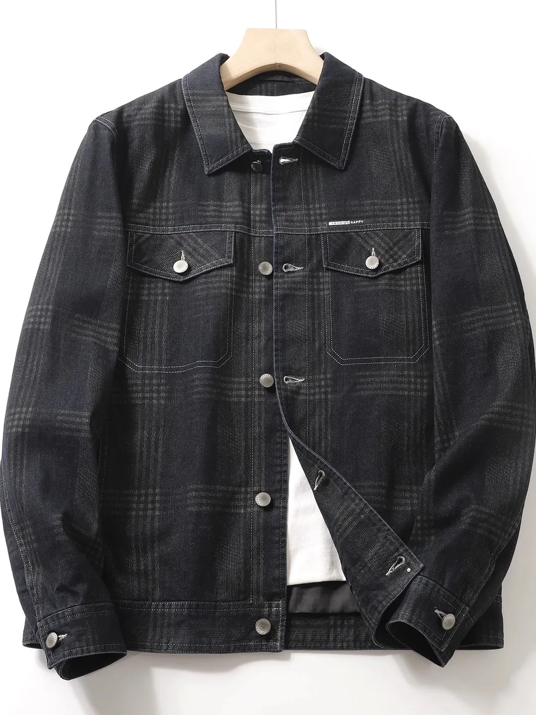 

H-Series Men's Casual Plaid Denim Jaet Soft Breathable Elastic Waed Stand Fit Long Sve Cotton Polyester Blend