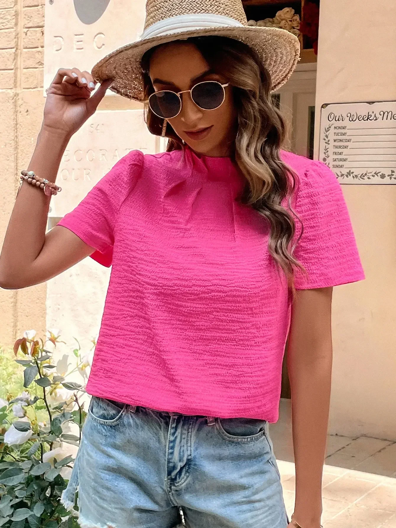 Women\'s Chiffon Short Sleeve Top, Monochromatic, Unique, Standing Neck, Pleated, Casual, Pink, Spring, Summer, New, 2024