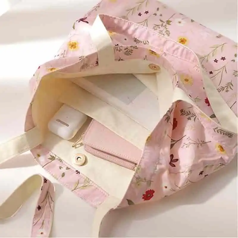 TOUB010-Sac fourre-tout en toile pour femmes, sacs fourre-tout floraux mignons, sacs à main en coton pour gril robuste, initiés