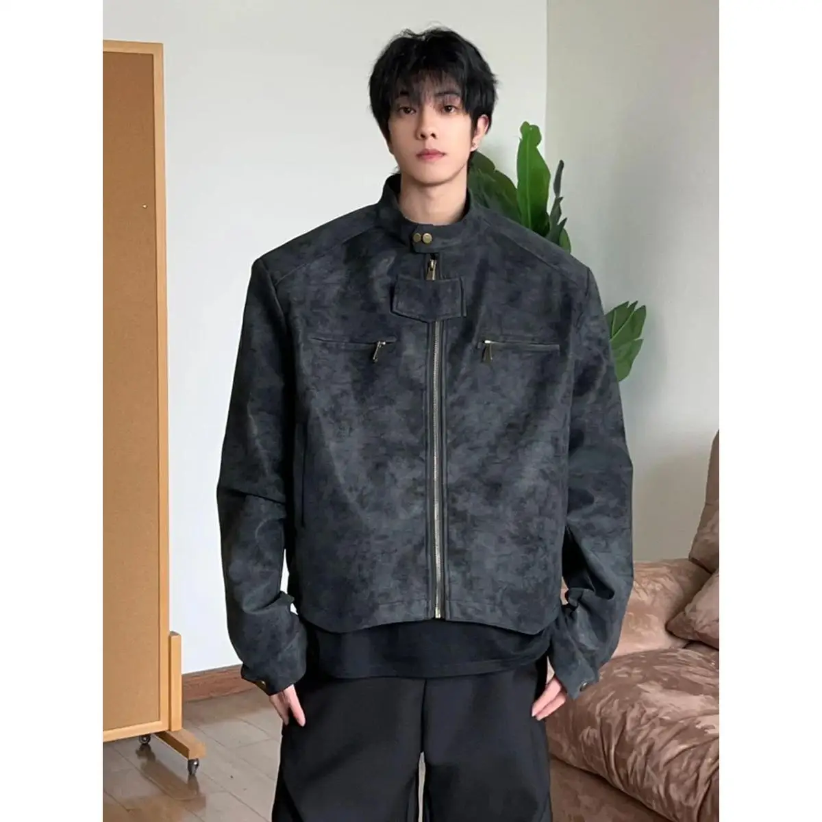 

Американский ретро ort, свободный воротник-стойка, мотоциклетная куртка из искусственной кожи, мужская повседневная дизайнерская крутая весенняя верхняя одежда, пальто