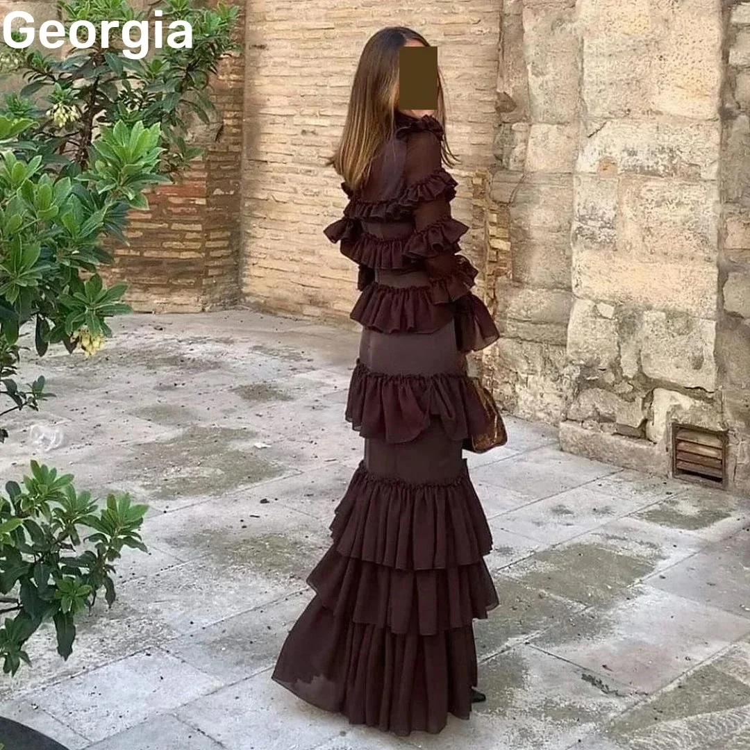 

Customized فساتين سهرة A-Line Scoop Neckline Floor-Length Prom Dresses Ruffle Zipper Up Long Sleeves Elegant And Pretty Women'S