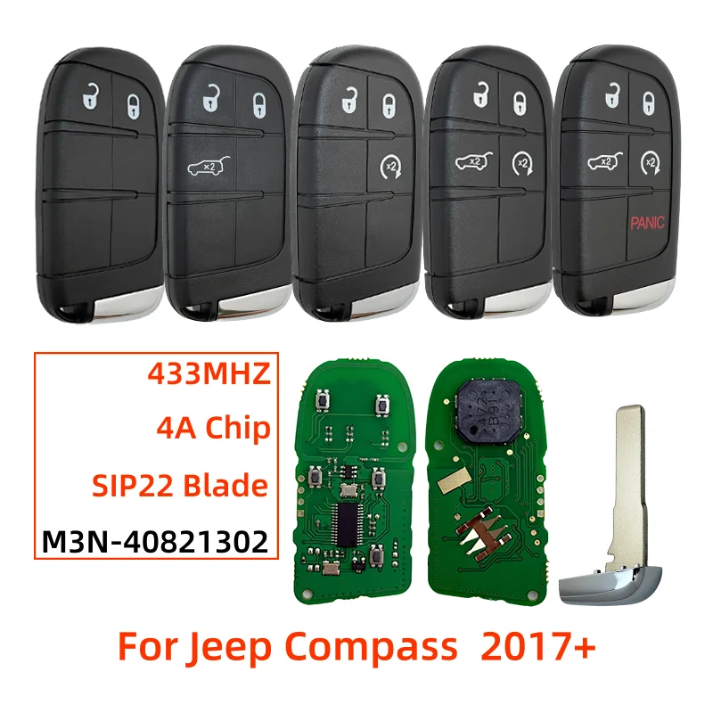 

M3N-40821302 68250335AB 2/3/4/5 Button Smart Remote Keyless Entry Key 433MHz 4A Chip SIP22 Blade For Jeep Compass 2017-2022