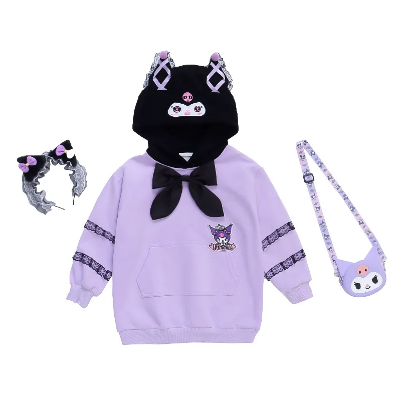 Anime sanrioed crianças kuromi moletom com capuz outono meninas vestido de manga longa bonito princesa saia moda crianças roupas presentes