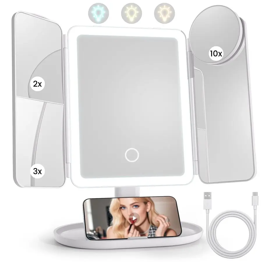 

Зеркало для макияжа Косметическое зеркало с 3 подсветками и регулируемой яркостью, съемное крепление для комода с регулируемой высотой, лупа 2X, 3X, 10X