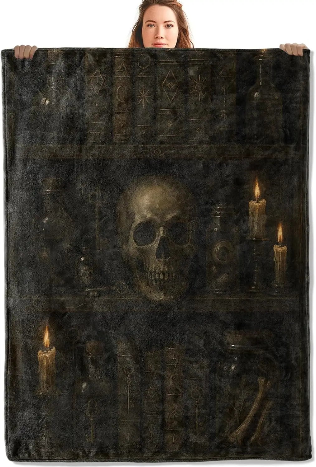 

Gothic Skull Haunted Throw Blanket Occult Witchy Runes Mystical Dark Academia Spooky Aesthetic Cozy Halloween Nap Cover