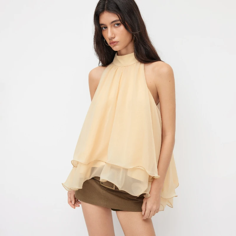 Cross Border Foreign Trade Hot Item Hanging Neck Chiffon Shirt for Women Sleeveless Exposed Shoulder Flowing Lotus Leaf Edge Top