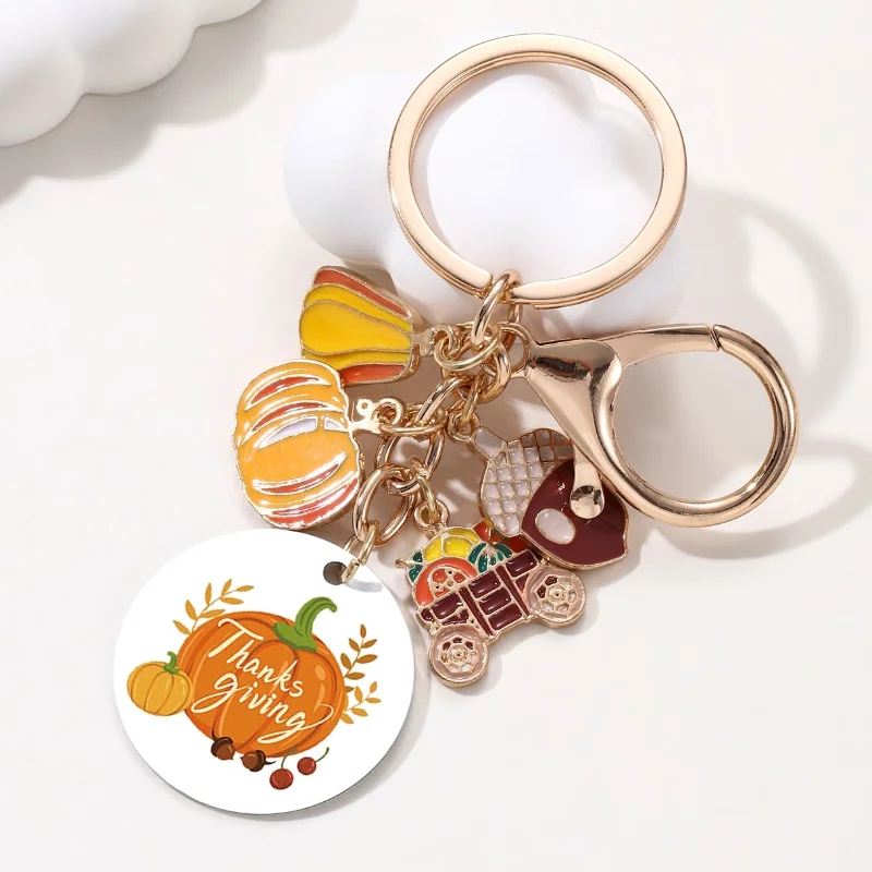 UV Print Maple Leaves Pumpkins Harvest Trucks Enamel Keychain For Women Men Good Gift Friend Halloween Handmade Jewelry Set